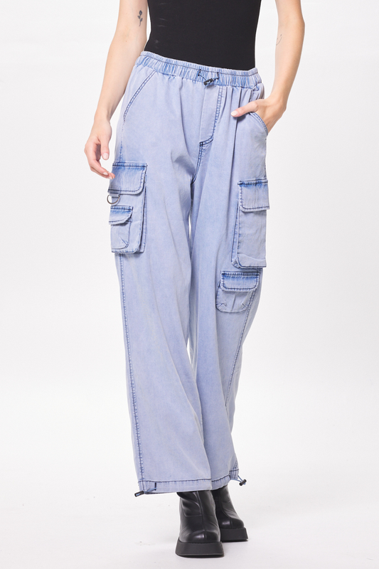 Stone Wash Blue Drapey Tencel Cargo Pant
