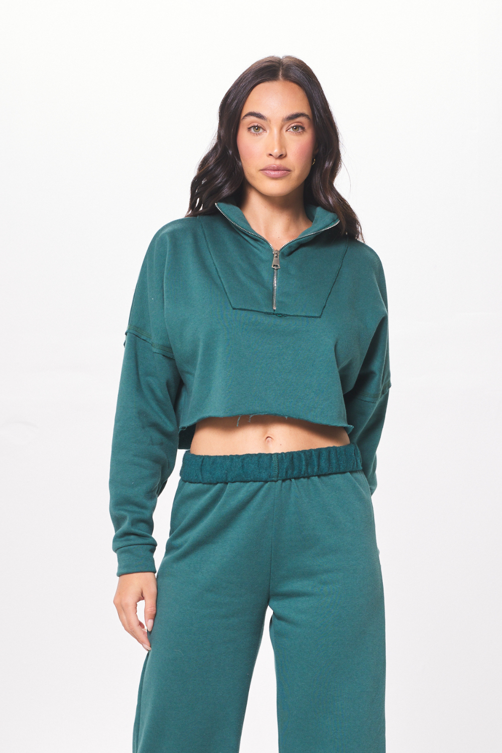 Teal Green Fleece Quarter Zip w/ Raw Edge