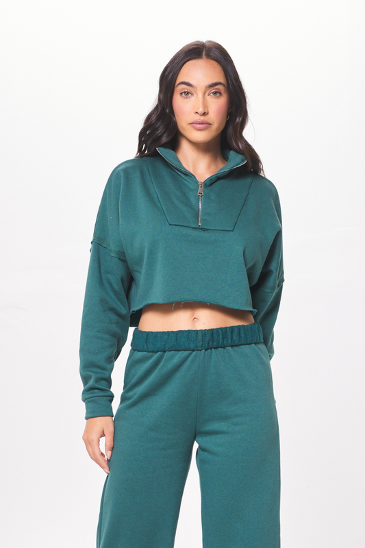Teal Green Fleece Quarter Zip w/ Raw Edge