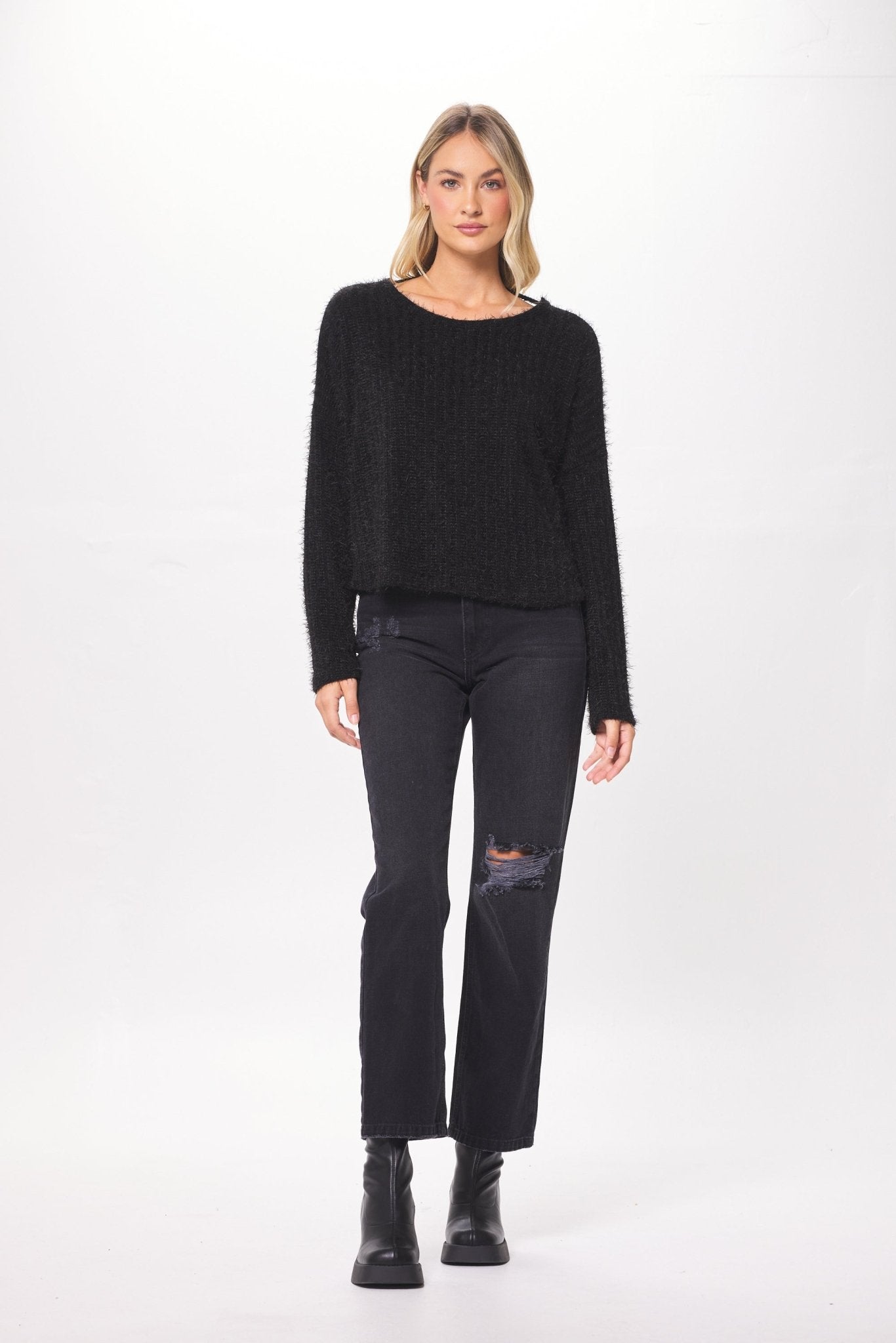 Black Chenille Mohair Twist Back Sweater