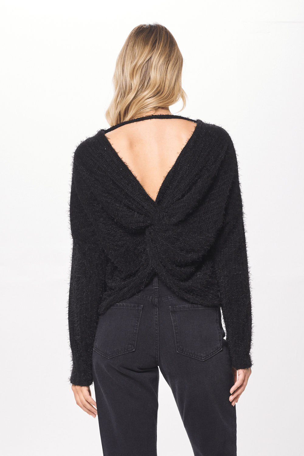 Black Chenille Mohair Twist Back Sweater