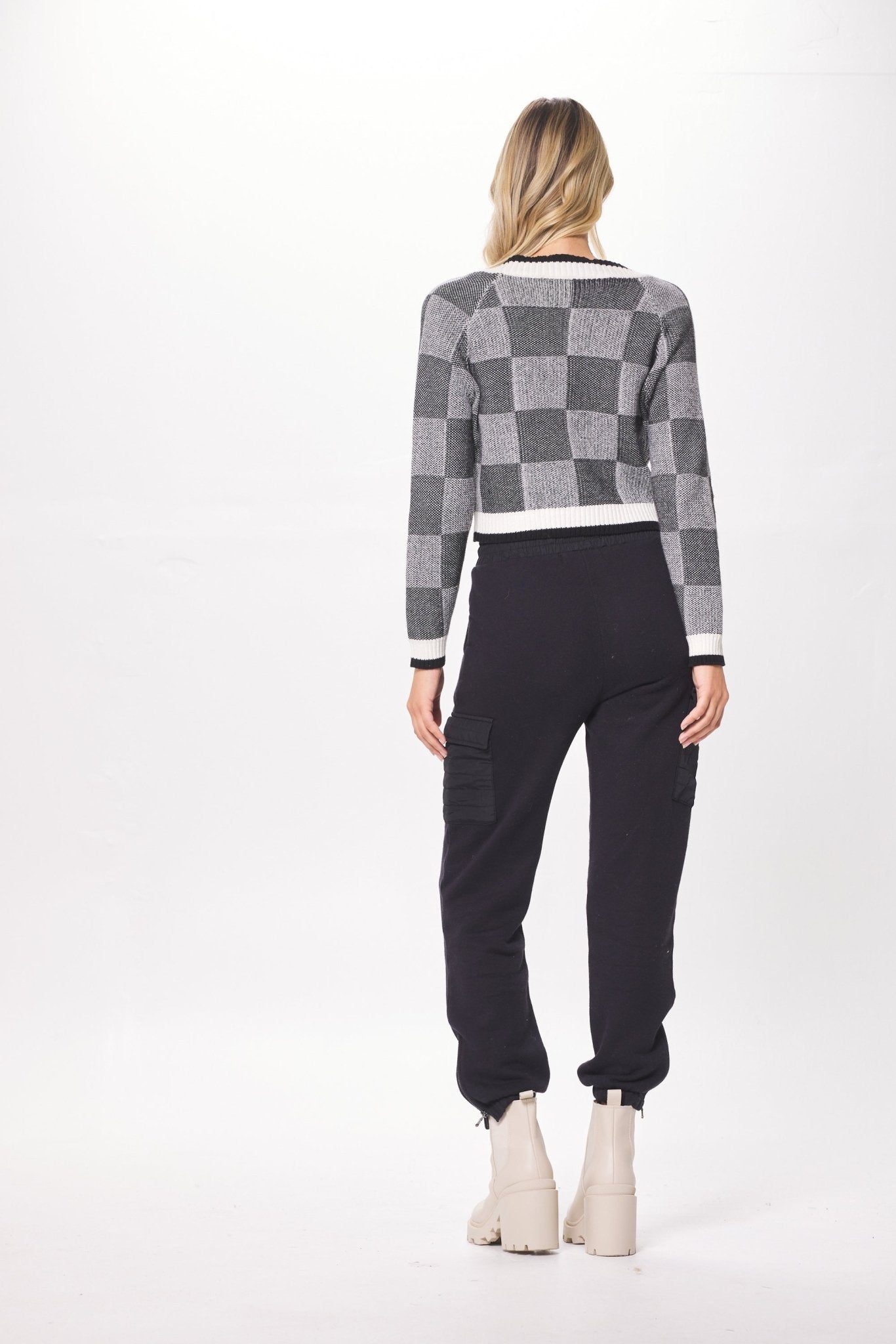 Black & Cream Knit Checkered Cardigan