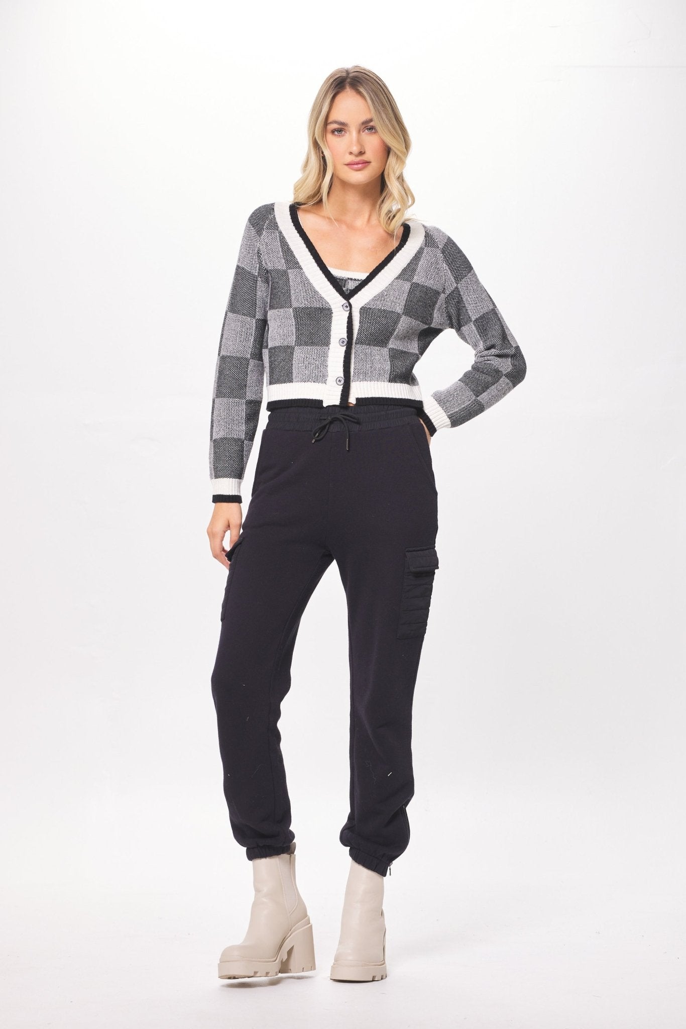 Black & Cream Knit Checkered Cardigan