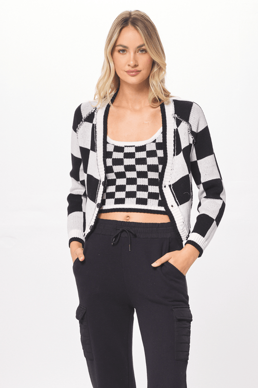 Black & Cream Knit Checkered Cardigan
