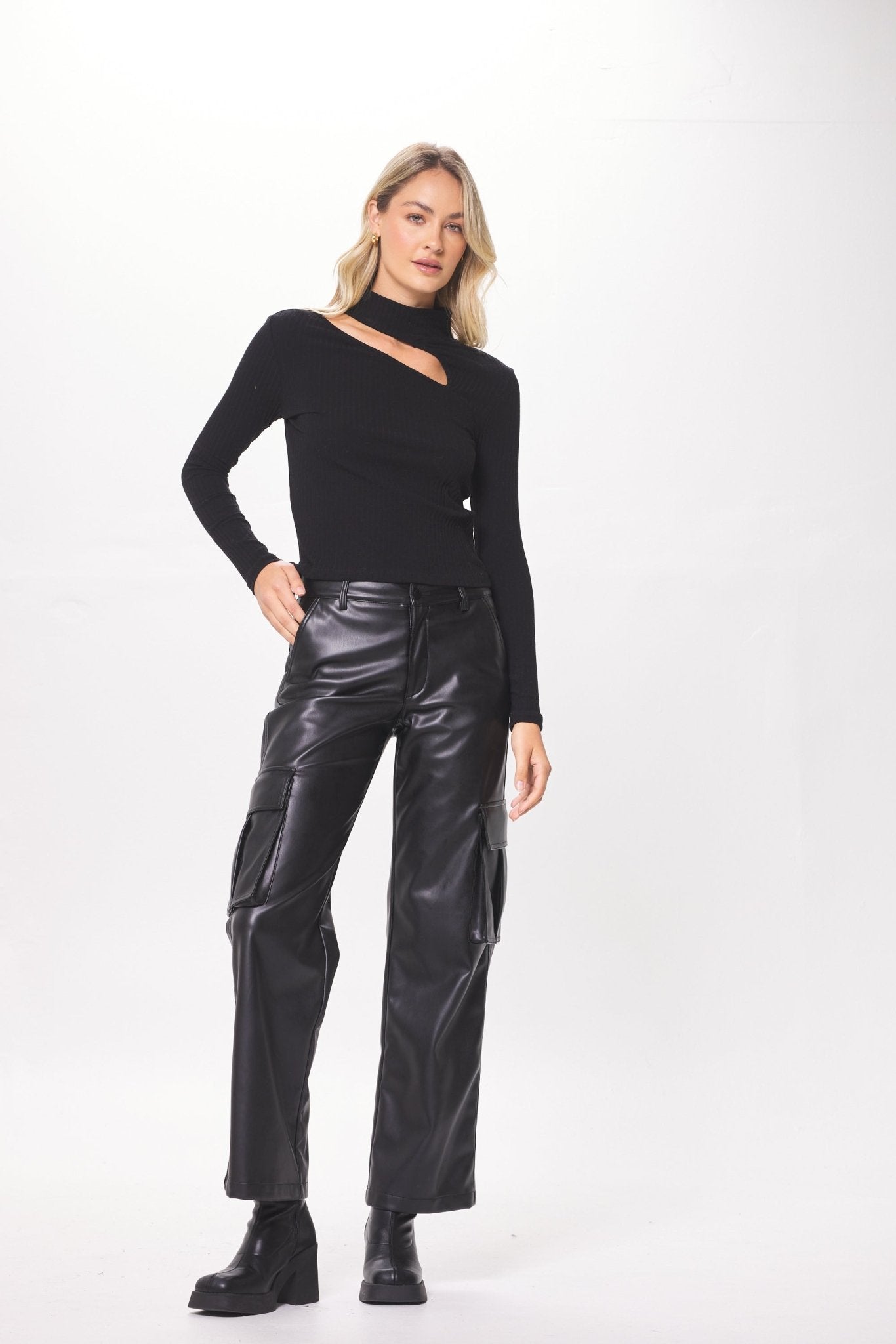 Black Cutout Mock Neck Ribbed Knit Top