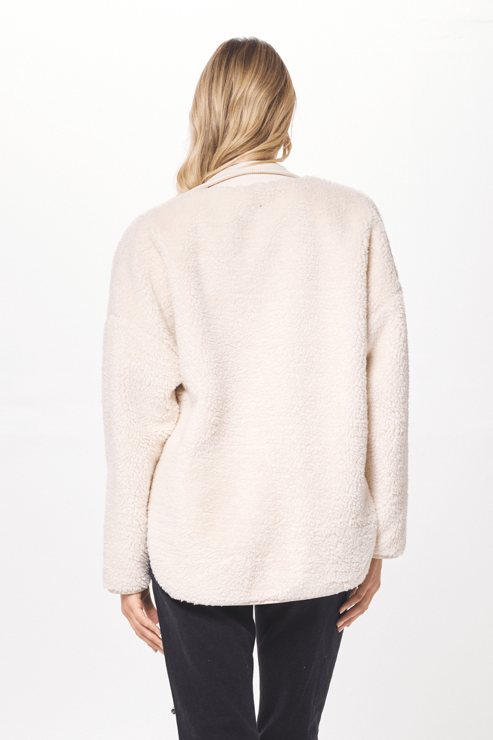 Ecru Shearling Zip Front Jacket w/ Faux Leather Combo