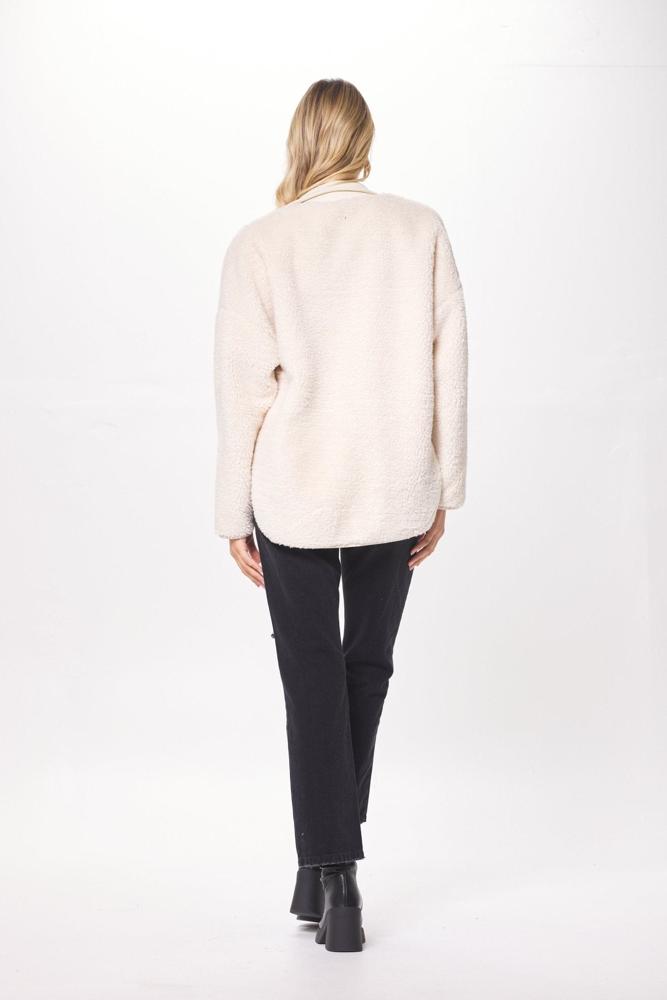 Ecru Shearling Zip Front Jacket w/ Faux Leather Combo