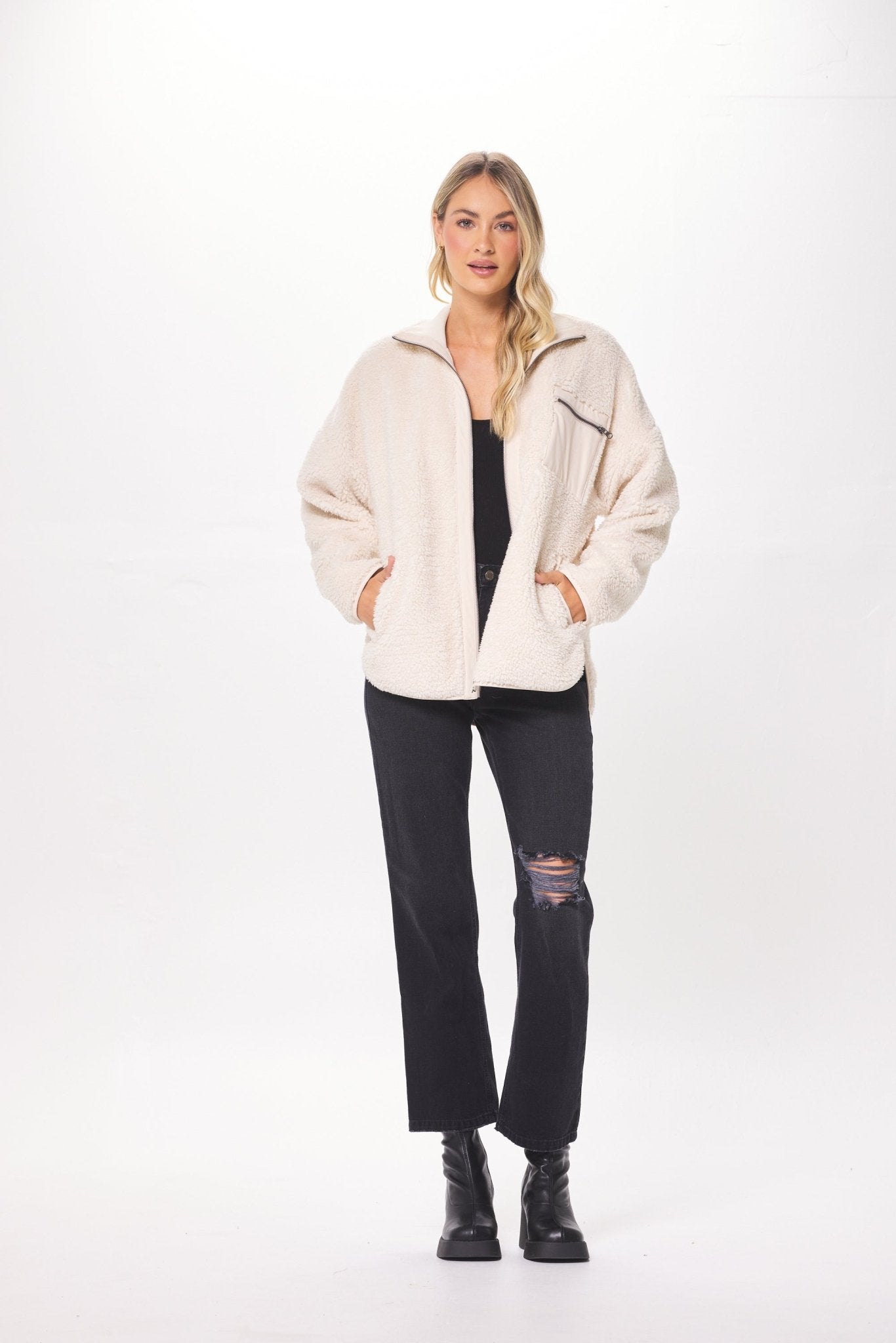 Ecru Shearling Zip Front Jacket w/ Faux Leather Combo