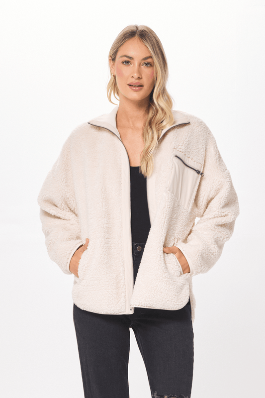 Ecru Shearling Zip Front Jacket w/ Faux Leather Combo